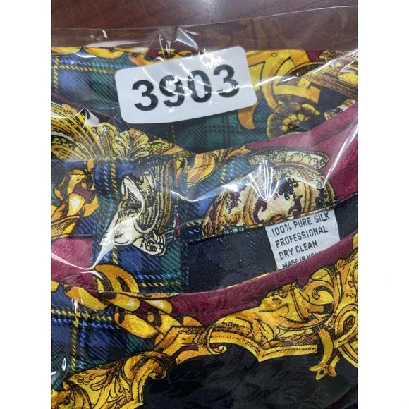 Vintage Bells Camice‎ Womens Blouse Large 12 Silk Baroque Chain Plaid 90s Preppy - Picture 13 of 13